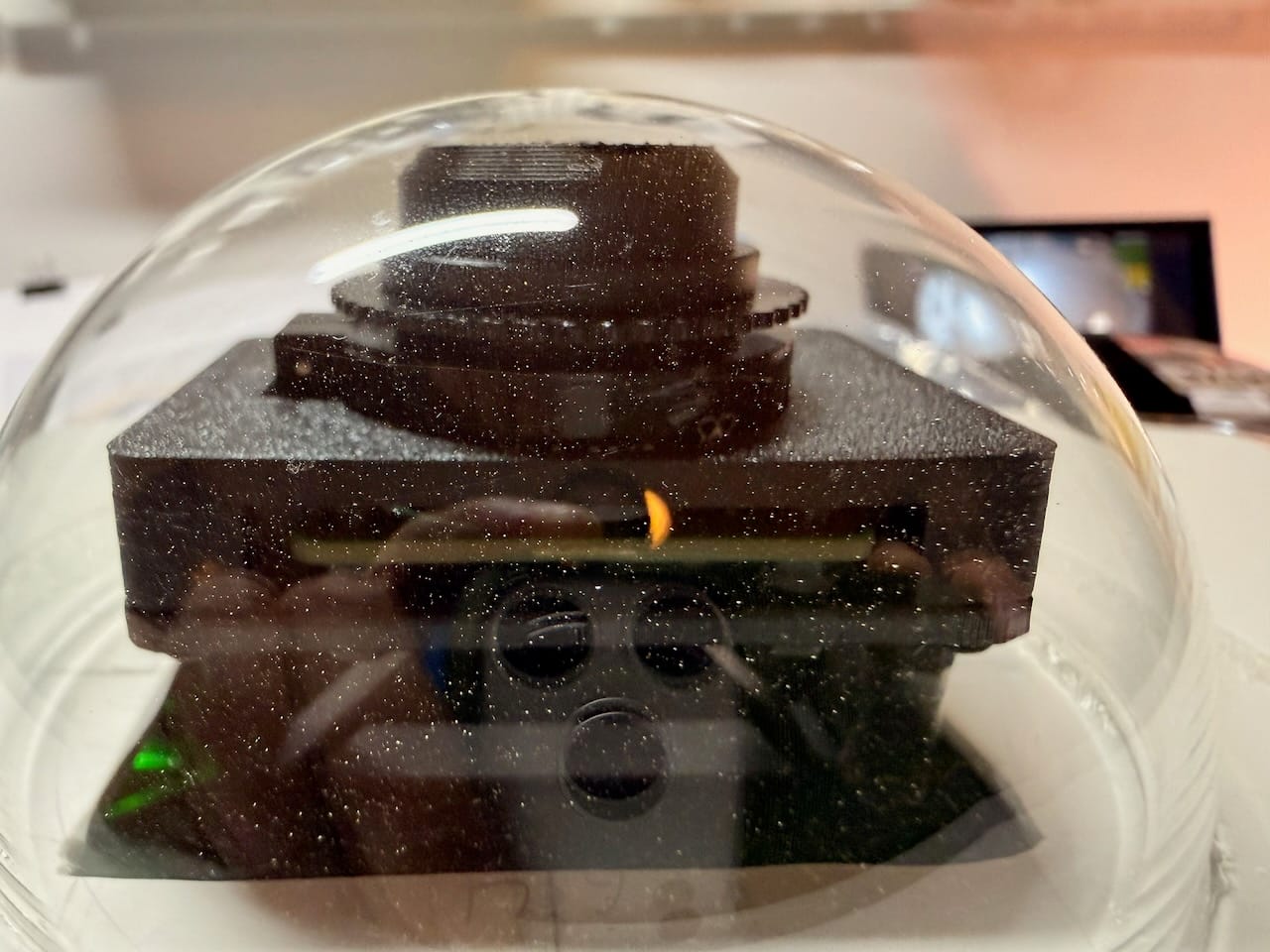 The assembled camera and platform viewed through the acrylic dome