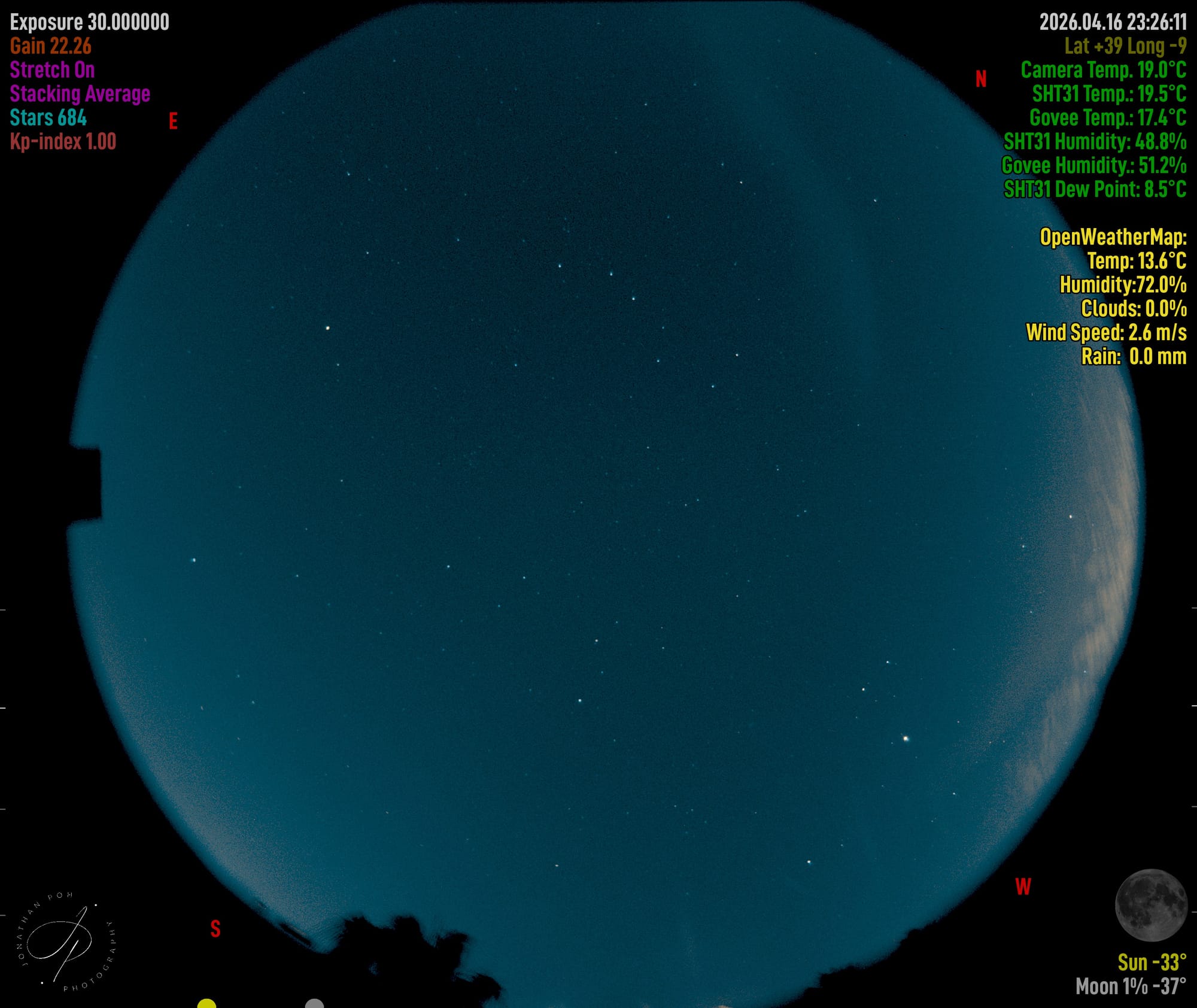 Allsky frame after fitting the baffle: the flares are gone and the sky is clean, with a small corner of the frame now masked off where the baffle trims the view